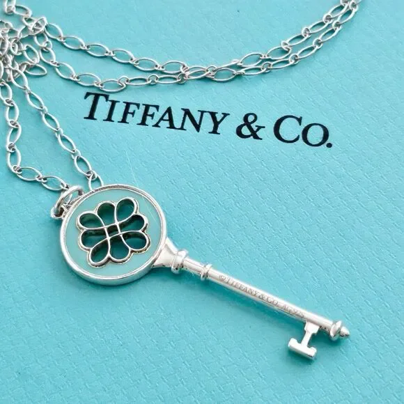 🧧SOLD🎋Tiffany & Co. Blue Enamel Knot Key Pendant Silver Oval Link Necklace 30” - Picture 3 of 9